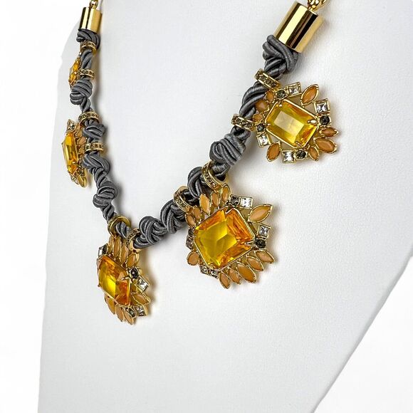 Ann Taylor Necklace Large Yellow Rhinestones Gray Twisted Satin Rope Gold Tone - Picture 3 of 10